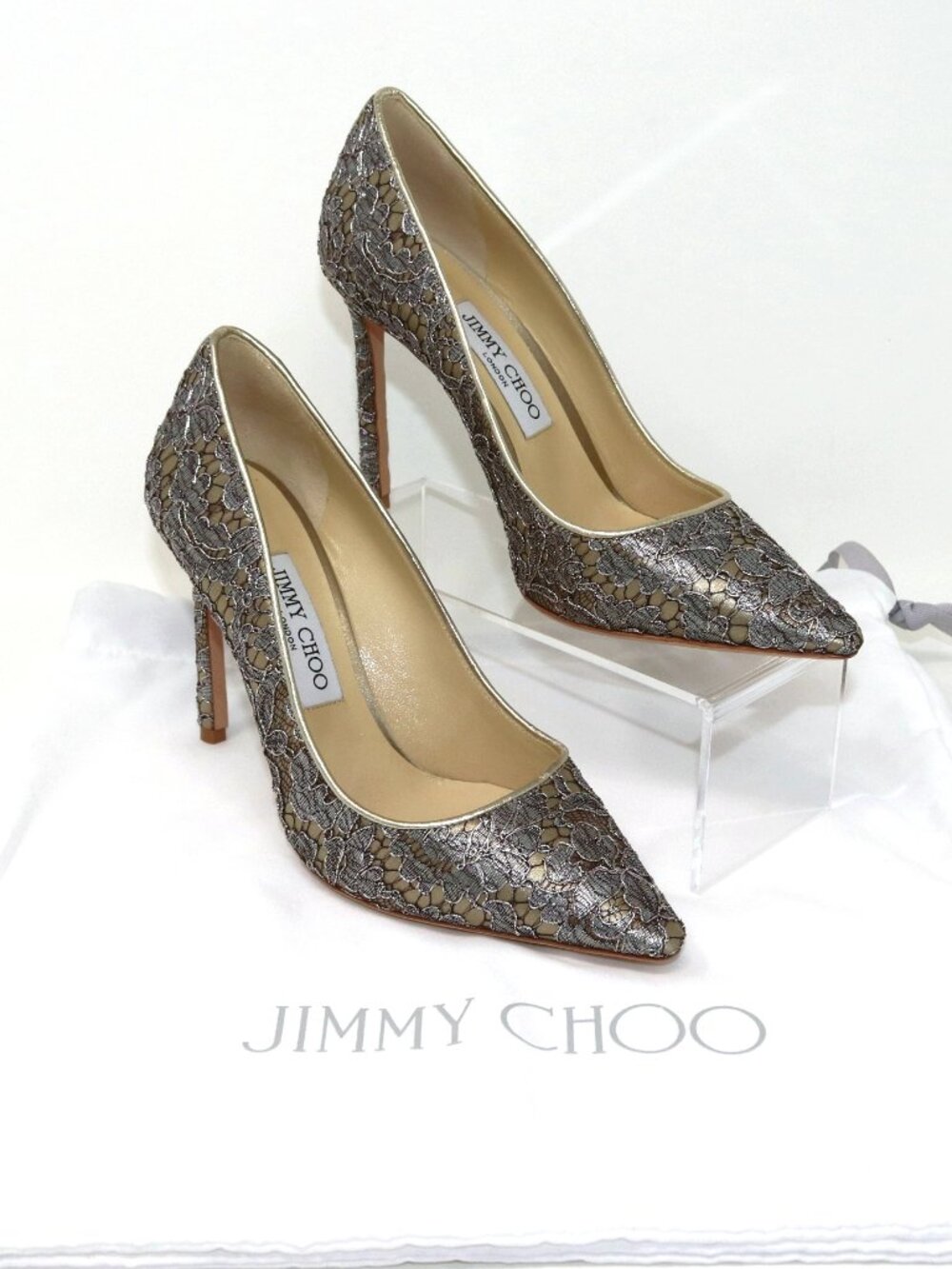 Jimmy Choo NEW 38 Romy 100 Vino Silver Metallic Floral Lace Stiletto High Heel